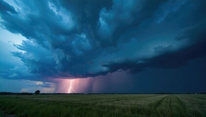 Dramatic Thunderstorm Rolling Over Vast Open Field, Dark Clouds, Lightning Illuminating Landscape, Powerful Moody Atmosphere, Intense Weather