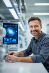 Fototapeta premium A smiling man in a gray shirt poses confidently in a modern laboratory setting, with a digital display visible in the background.