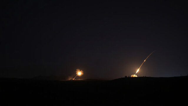 "Nighttime rocket launch with glowing horizon and streaking fire trail - Powered by Adobe