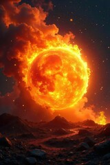 Blazing Fireball Swirling Flames and Incandescent Embers Consuming All in a Fiery, Fantasy Destruction Scene