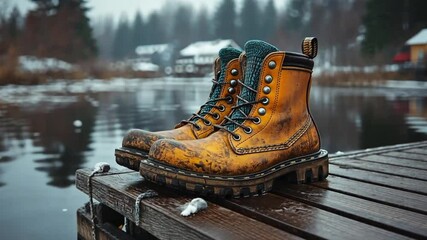 Worn leather boots on a wooden dock by a wintry lake