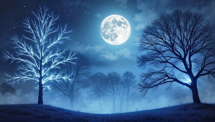 Winter landscape with illuminated trees under a full moon at night  