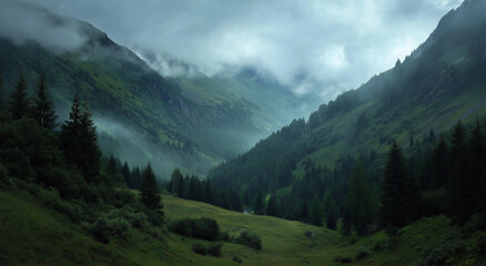Obraz premium Misty Mountain Valley with Lush Green Forest in Morning Light