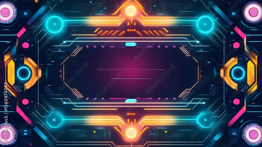 Poster futuristic technology interface with glowing neon lines and abstract geometric shapes