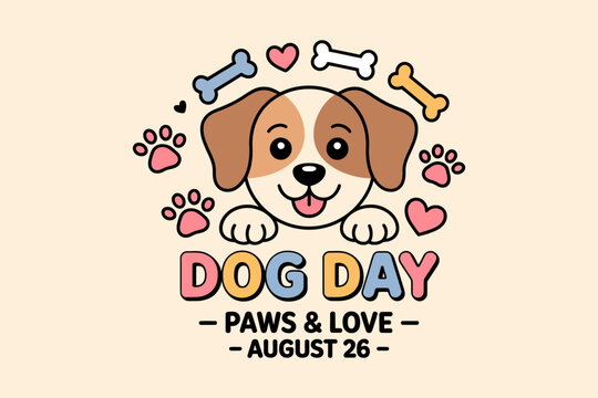 Dog day celebration badge with cute puppy face bones and hearts for august 26 national love your dog day