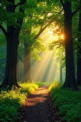 Naklejka premium Serene forest park scene at dawn Sunlight filters through the trees, illuminating a tranquil path and lush foliage Perfect for nature, travel, and environmental themes , peaceful, forest