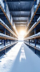 Snowy Warehouse with Giant Steel Shelves and Rolling Ladders at Sunrise