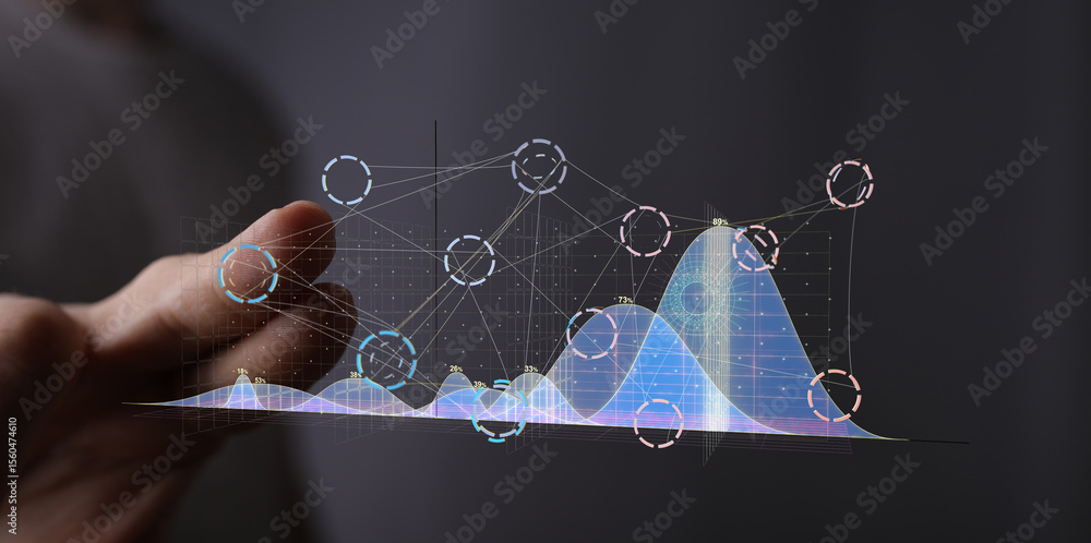 Aufkleber person interacting with a holographic graph, showcasing data analysis and technology.