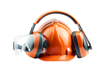 Orange hard hat with ear protection and safety glasses isolated on a transparent background