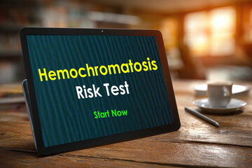 Tablet screen displaying "Hemochromatosis Risk Test - Start Now" interface 