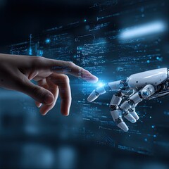 Human hand touching a robot arm
