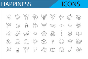 Collection of happiness icons featuring smiling faces, dancing people, balloons, and positive expressions for celebrations.