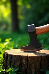 Gleaming Axe Head on Sun-Drenched Stump Summer Adventure and Rustic Relaxation