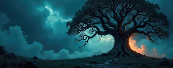 Ancient Oak Tree Silhouette Against a Stormy Night Sky, Mysterious Glow, Supernatural, Occult, Dark Fantasy