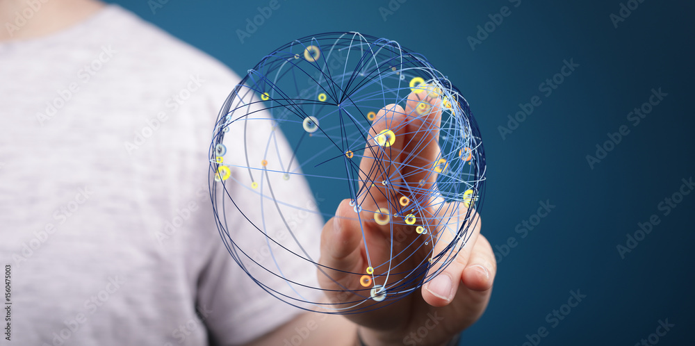 Aufkleber Hand interacting with a digital globe, representing global networking, connectivity, and data flow.