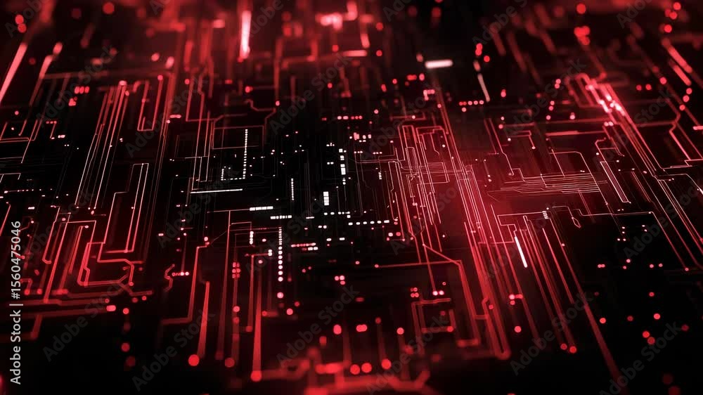 Poster futuristic technological interface with glowing red lines and dots, cyber network