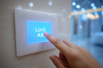 Hand pressing "lock all" button on smart home panel 