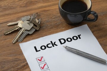 checklist for "Lock Door" with ticked box, next to keys and coffee 