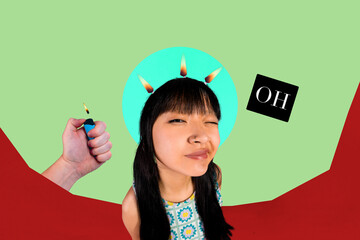 Image poster trend collage of minded girl guy stand hand hold flicker light deadline pressure...