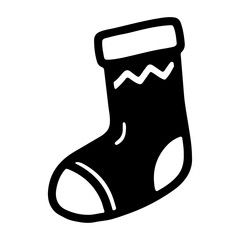 Black and white Christmas stocking vector illustration, simple doodle style.