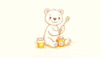 Naklejka premium Cute cartoon bear sitting with honey jars and stirring with a stick 