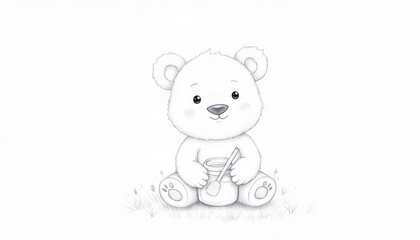 Cute bear sitting on grass and holding a honey jar in pencil sketch  