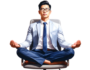 Businessman meditating in office attire transparent background