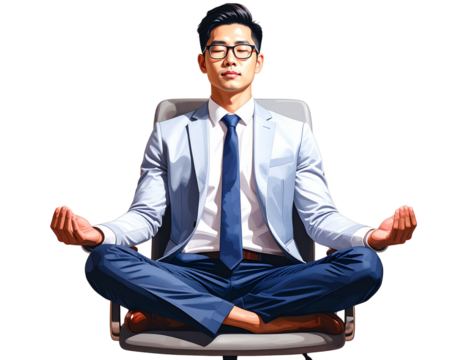 Businessman meditating in office attire transparent background