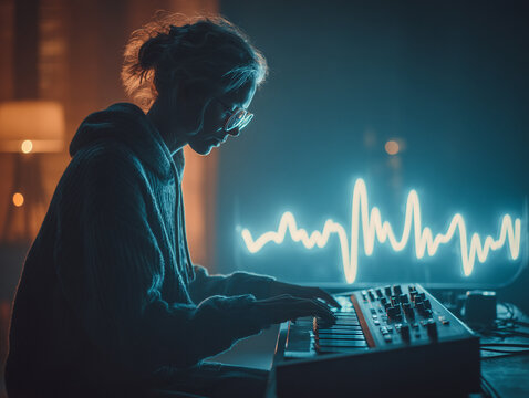 Musician playing a digital instrument that projects visual representations of sound waves, with an AI collaborator adjusting harmonics in real time. Neon-lit studio.