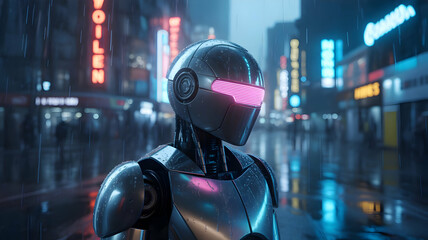 A Futuristic Robot Explores a Rainy Neon-Lit City Street at Night With Glowing Eyes