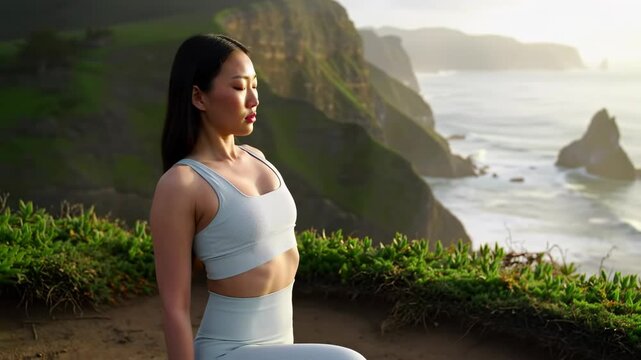 Woman Meditating by Ocean on Cliffside Yoga Outdoors Relaxation