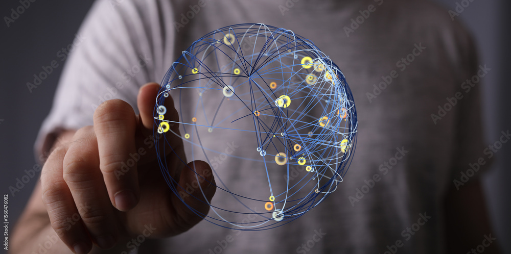 Aufkleber hand interacting with a digital sphere, representing global network, connection, and data visualizat