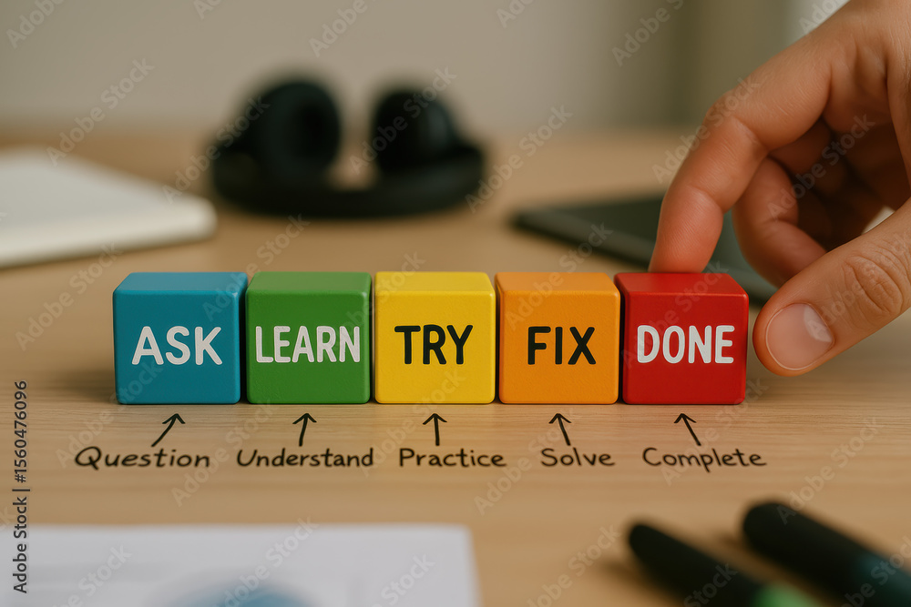 Poster a arranges colorful blocks symbolizing steps to complete tasks through inquiry learning and problem-