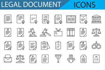 Line art icons illustrating legal documents, court procedures, and justice-related symbols, perfect for legal services.