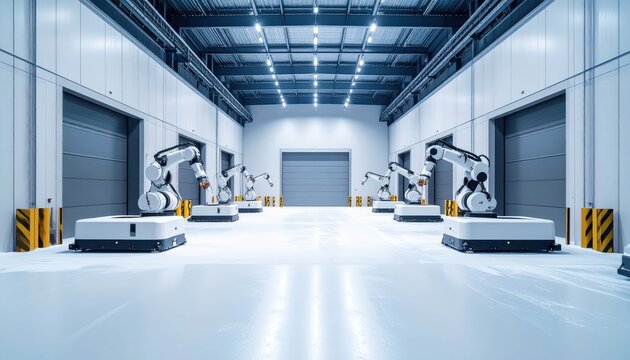 Snowy Warehouse with Robots and Massive Loading Bay Doors
