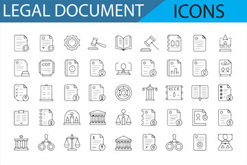 Set of vector icons depicting legal documents, contracts, court systems, gavel, and law books in a minimalist style.