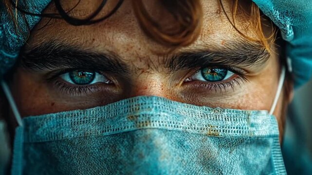 Close-up of a person wearing a teal face mask. Intensely focused gaze