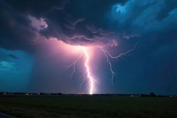 Dramatic Thunderstorm Raging Across Dark Landscape, Intense Lightning Illuminates Sky, Heavy Rain, Ominous Nature Scene