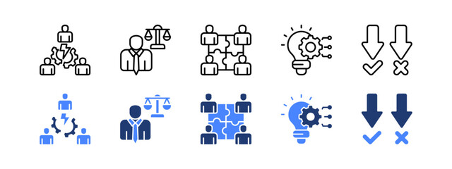 Management Development Program icon set.  with Conflict management, Ethical leadership, Team building, Innovation, Decision. editable stroke icon set.