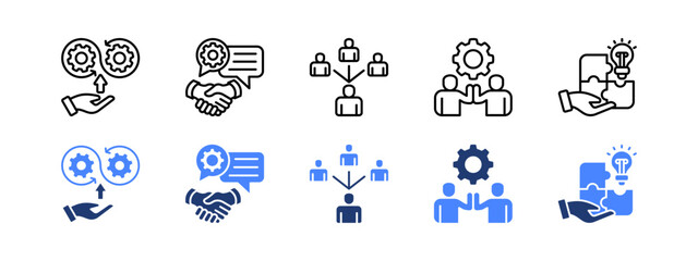 Management Development Program icon set.  with Continuous improvement, Negotiation skills, Delegation, Employee engagement, Problem solving. editable stroke icon set.
