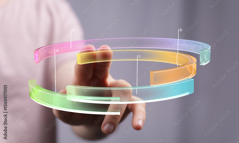 Poster person interacting with a colorful 3d data visualization, showcasing innovative technology and data 