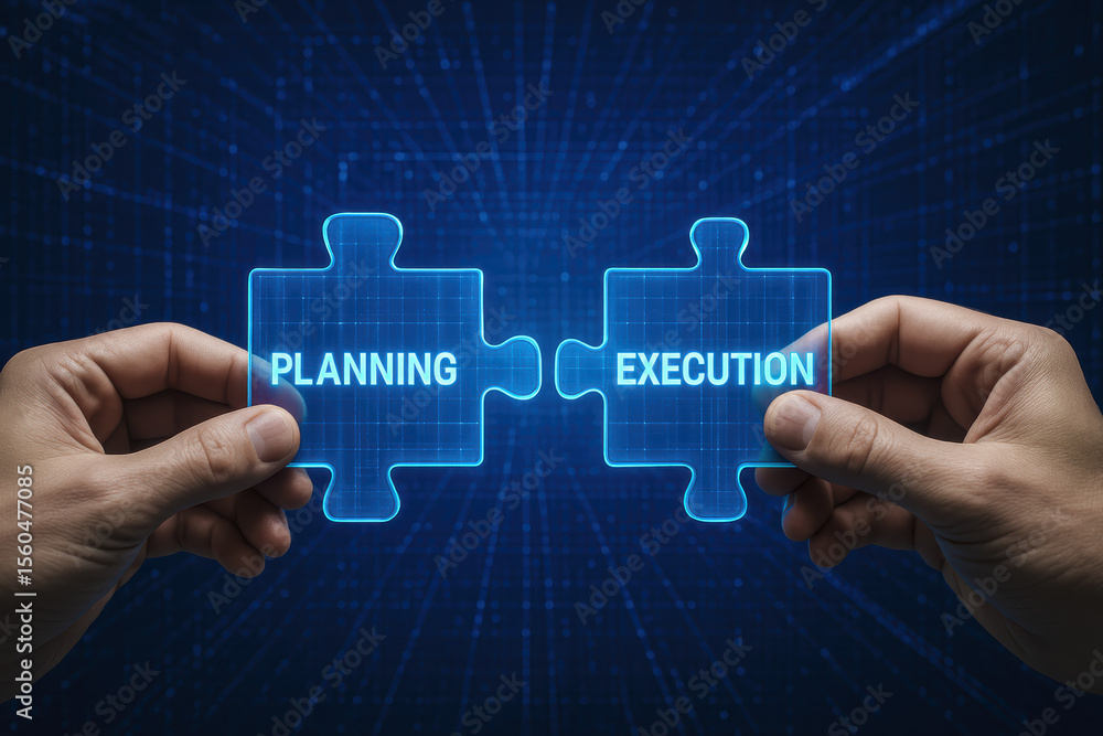 Poster connecting the stage planning with execution symbolizes the essential for successful business proces
