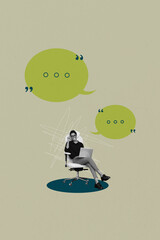 Vertical image photo collage of happy girl guy stand bubble communication chatterbox speech...
