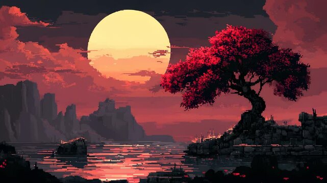 Pixel art serene sunset landscape with tree, water reflections and distant mountains