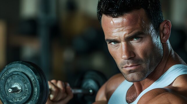 A muscular man lifting weights in a gym.