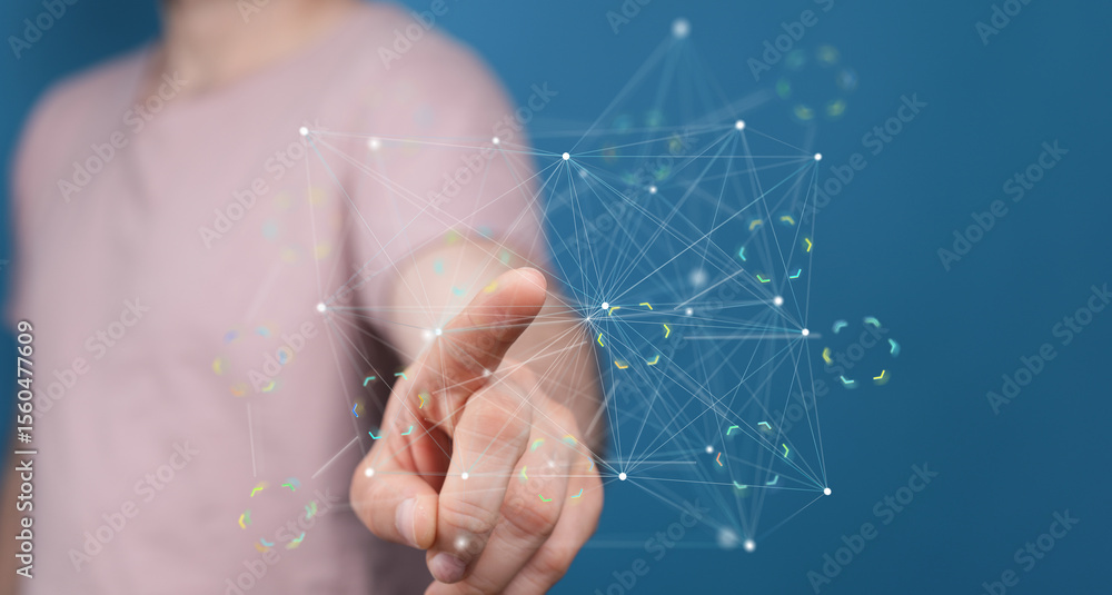 Poster Abstract image of a hand interacting with a digital network. Ideal for technology, connectivity, and data concepts.