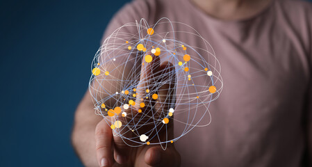 Abstract image of a person interacting with a digital global network.  Perfect for technology,...