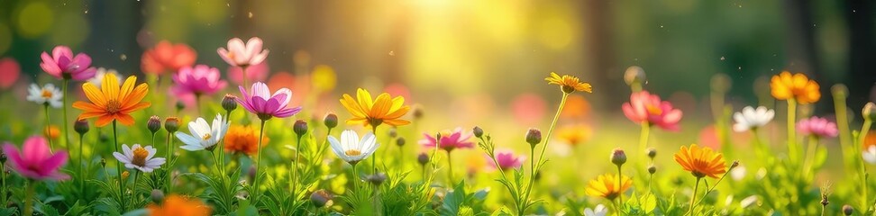 Fototapeta premium Vibrant wildflowers in full bloom, bathed in the warm sunlight of a beautiful spring day Delicate petals, lush green foliage, a perfect scene of renewal and natural beauty , warm, cheerful, meadow