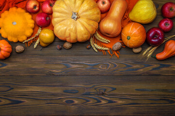 Thanksgiving day pumpkin harvest on a wooden background with empty copy space. Squash, orange...