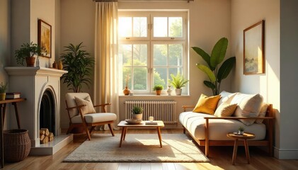 Warm, inviting home interior with sunlight streaming through a window, highlighting cozy furniture and decor Perfect for real estate, home design, and lifestyle websites , furniture, home sweet home
